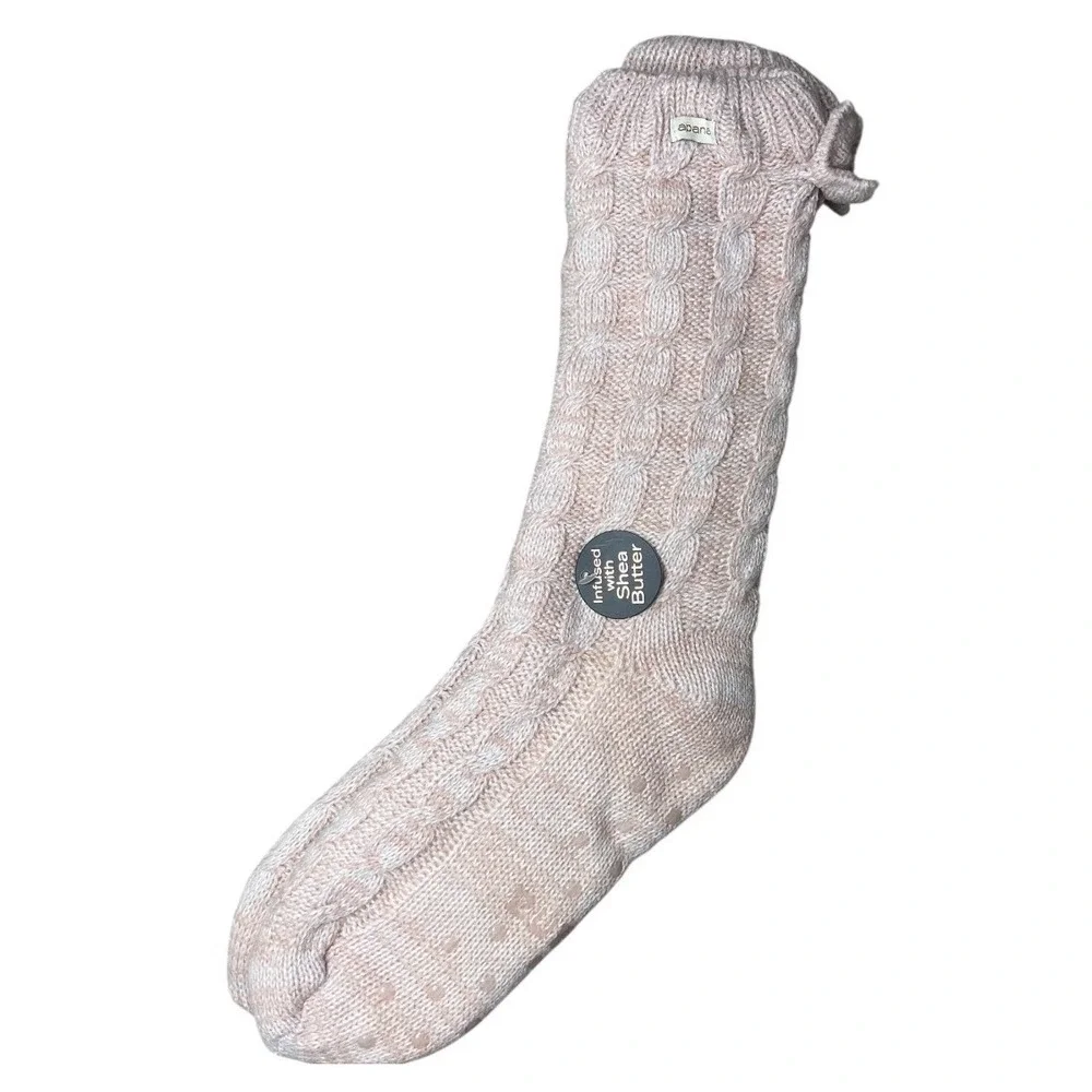 Apana Women Light Pink Cable Knit Shea Butter Infused Slipper Socks with Bow